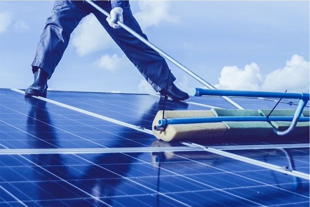 cleaning solar panels with soap mop