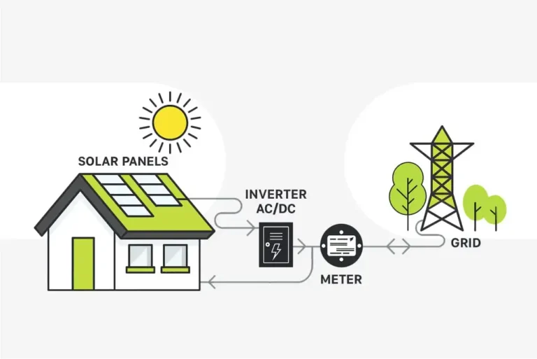 house with green meter and supply electricity to grid